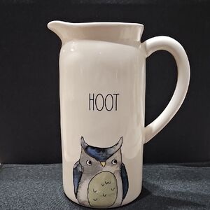 Rae Dunn White Ceramic Pitcher with Owl Illustration